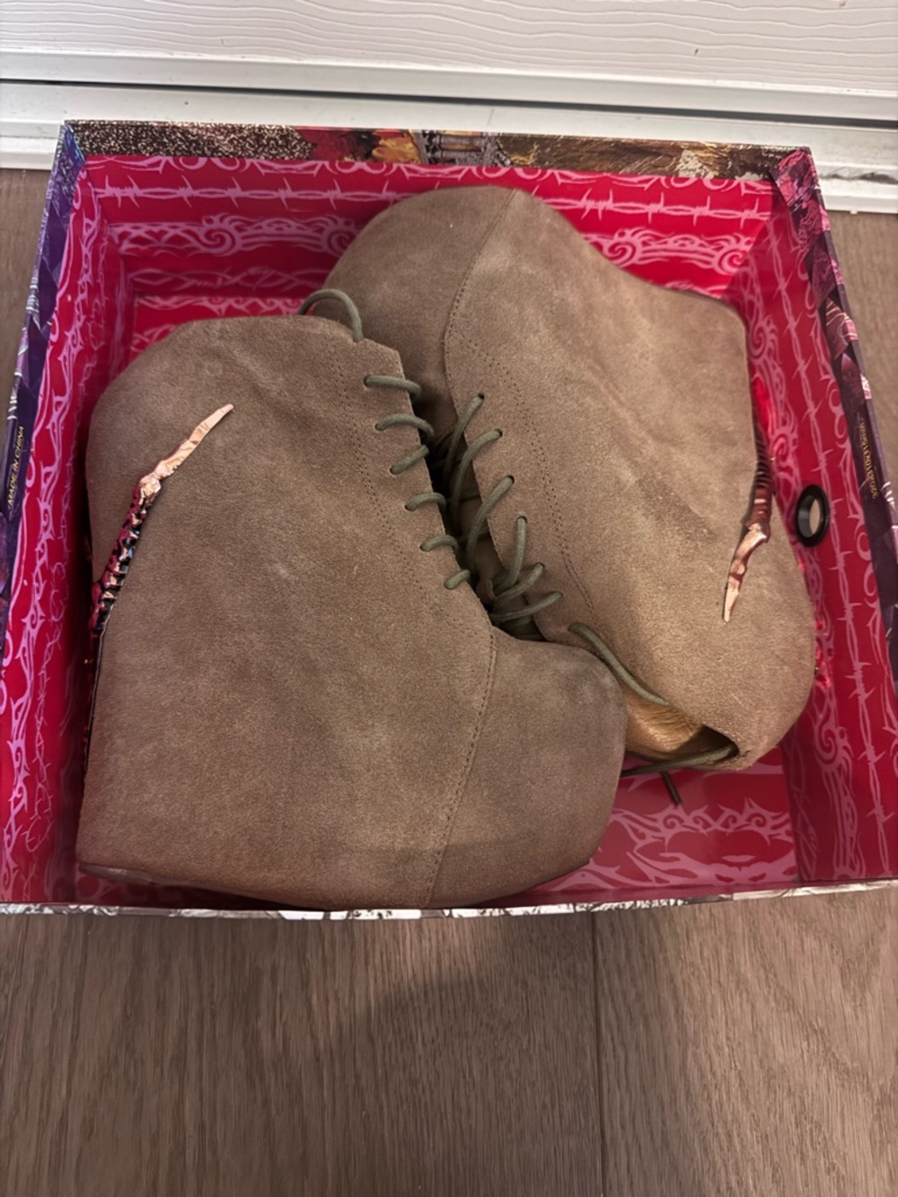 Jeffrey Campbell Tan Suede Lace-Up Wedge Booties size 10